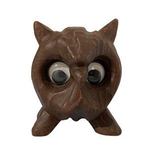 Vintage Midcentury Wood Look Googly Eyes Owl Figurine
